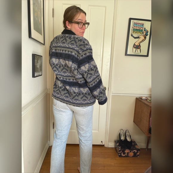 80 Vintage Woolrich Blue Wool Tapestry Blanket Coat - Picture 3 of 12